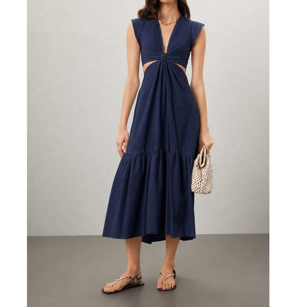 A.L.C. Alexandria Midi Dress 6 Minimalist Cutout Cotton Poplin Tiered Navy $495